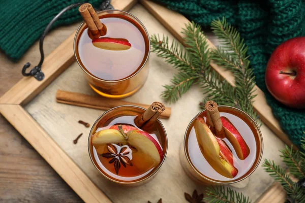 Hot Mulled Cider Ingredients Fir Branches Wooden Table Flat Lay — Stock Photo, Image