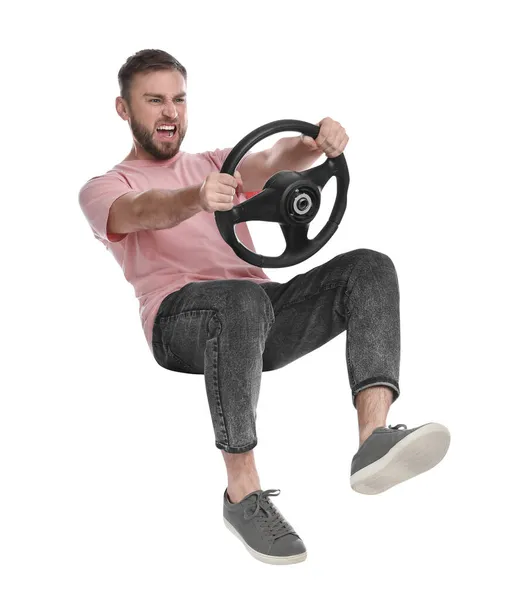Angry Man Steering Wheel White Background — Stock Photo, Image