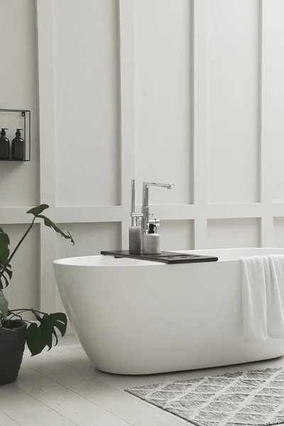 Baignoire Céramique Moderne Plante Verte Près Mur Blanc Intérieur — Photo