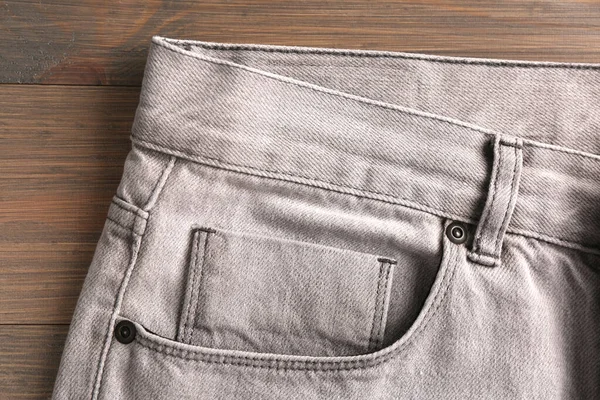 Stylish Light Grey Jeans Wooden Background Closeup Inset Pocket — Stock Photo, Image