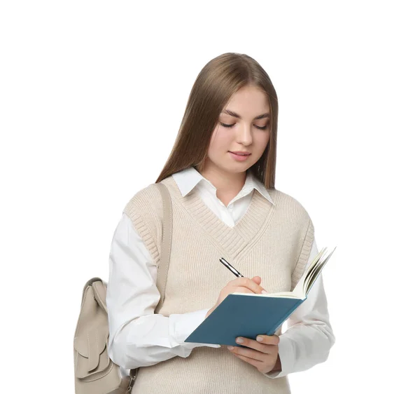 Estudante Adolescente Com Mochila Escrevendo Notebook Sobre Fundo Branco — Fotografia de Stock