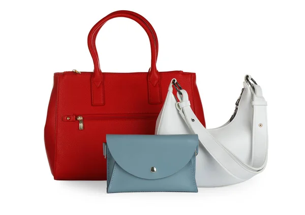 Kollektion Verschiedener Stilvoller Damentaschen Auf Weißem Hintergrund — Stockfoto