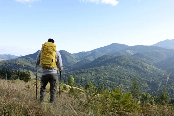 Tourist Backpack Trekking Poles Enjoying Mountain Landscape Back View Space — Stock Photo, Image