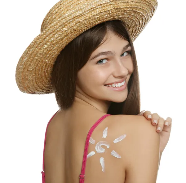 Tiener Meisje Met Zon Bescherming Crème Haar Rug Tegen Witte — Stockfoto