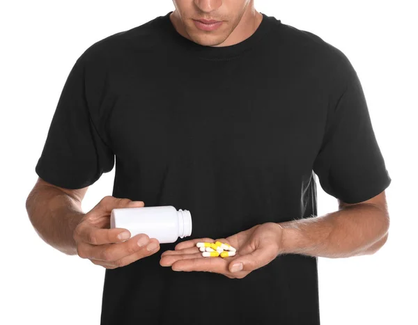 Homem Com Garrafa Comprimidos Fundo Branco Close Conceito Dopagem — Fotografia de Stock