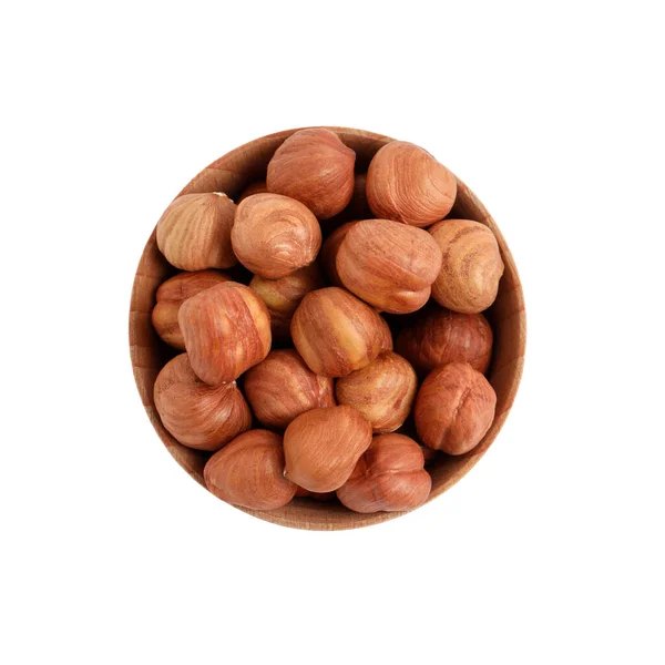 Bowl Tasty Organic Hazelnuts White Background Top View — Stock Photo, Image