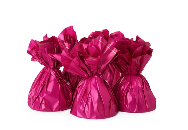 Doces Deliciosos Embalagens Rosa Fundo Branco — Fotografia de Stock