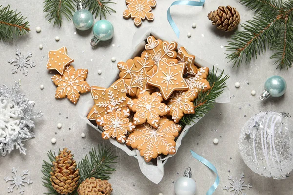 Tasty Christmas Cookies Festive Decor Light Grey Table Flat Lay — Stock Photo, Image