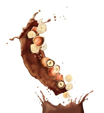 Lezzetli fındık parçaları ve beyaz arka planda uçuşan lezzetli erimiş çikolata.