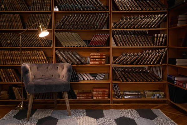 Acogedor Interior Biblioteca Casera Con Cómodo Sillón Colección Libros Antiguos — Foto de Stock