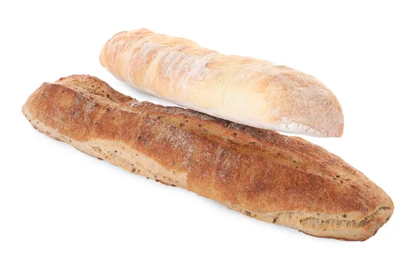 Different Tasty Baguettes White Background Fresh Bread — Stock Photo, Image