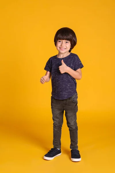 Full Length Portrait Cute Little Boy Yellow Background — Stock Photo, Image