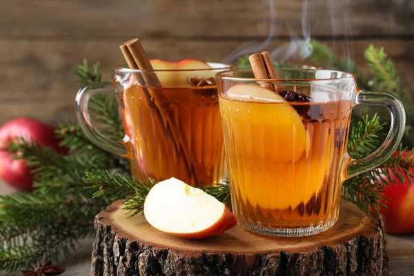 Hot Mulled Cider Ingredients Fir Branches Wooden Table — Stock Photo, Image