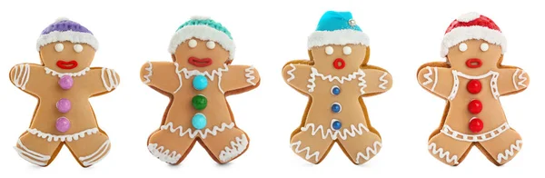 Set Decorated Gingerbread Men White Background Banner Design Delicious Christmas — Stock Photo, Image