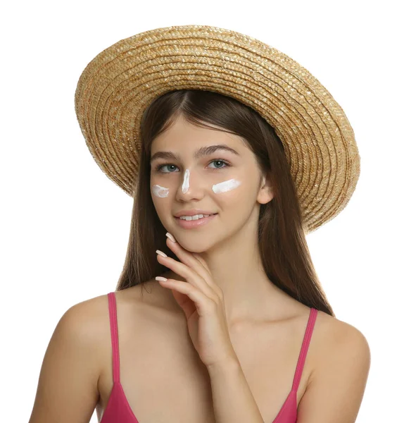 Teenage Girl Sun Protection Cream Her Face White Background — Stock Photo, Image