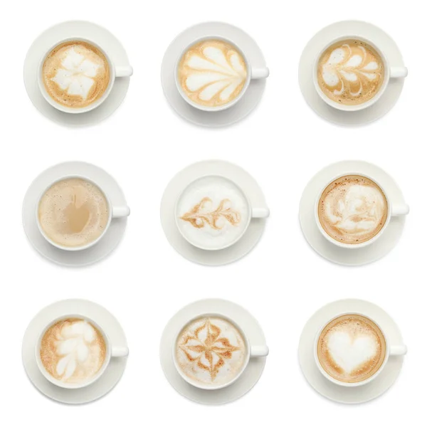 Set Con Tazas Sabroso Café Aromático Sobre Fondo Blanco Vista — Foto de Stock