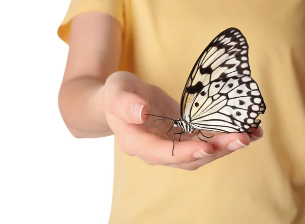 Mujer Sosteniendo Hermosa Mariposa Papel Arroz Sobre Fondo Blanco Primer — Foto de Stock