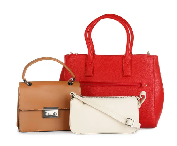 Kollektion Verschiedener Stilvoller Damentaschen Auf Weißem Hintergrund — Stockfoto