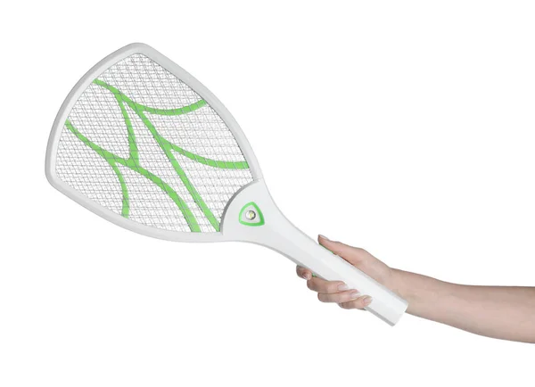 Man Electric Fly Swatter White Background Closeup Insect Killer — Stock Photo, Image