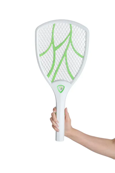 Man Electric Fly Swatter White Background Closeup Insect Killer — Stock Photo, Image