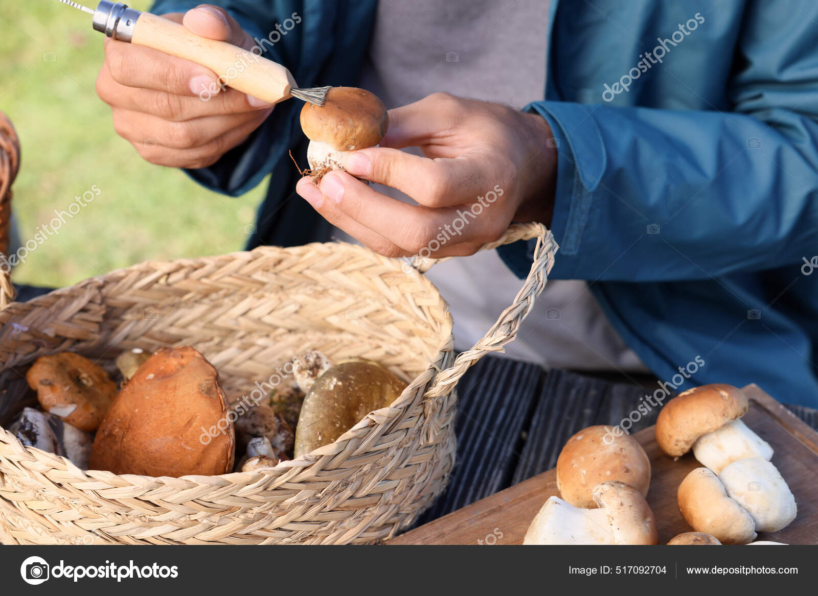 Man Cleaning Mushroom Brush Knife Table Outdoors Closeup Stock Photo by  ©NewAfrica 517092704