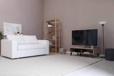 Oturma odası, modern TV standı.