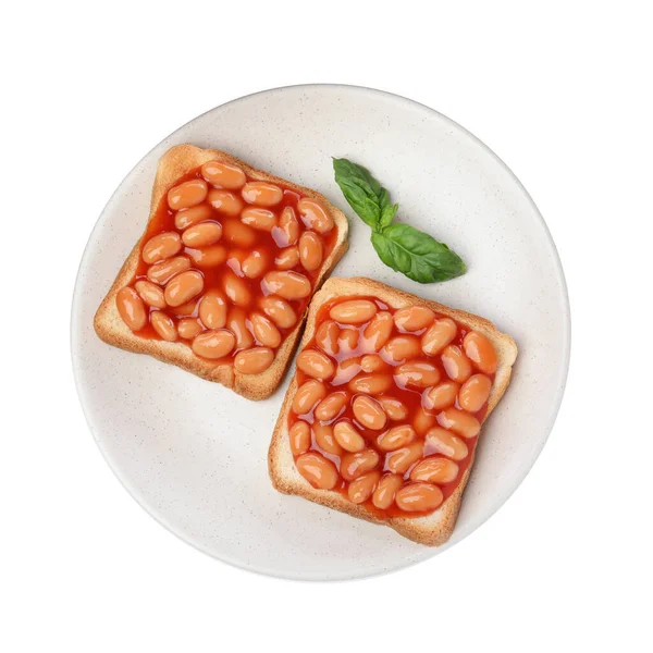 Heerlijk Brood Plakjes Met Gebakken Bonen Witte Achtergrond Bovenaanzicht — Stockfoto