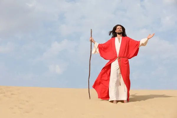 Jesus Cristo Andando Com Pau Deserto Espaço Para Texto — Fotografia de Stock