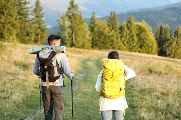 Sırt Çantalı Sırıkla Dağlarda Yürüyüş Yapan Bir Çift Turizm Ekipmanları — Stok fotoğraf