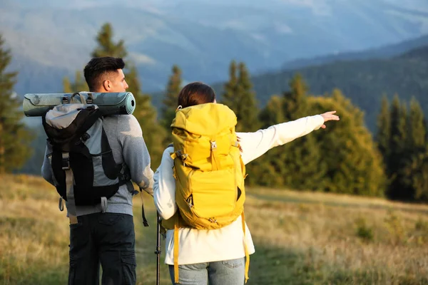 Koppel Met Rugzakken Trekking Palen Wandelen Bergen Achteraanzicht Toeristisch Materieel — Stockfoto