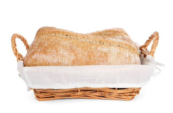 Knusprige Ciabattas Weidenkorb Isoliert Auf Weiß Frisches Brot — Stockfoto