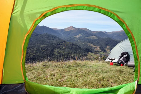 Живописный Горный Пейзаж Вид Палатки Кемпинга — стоковое фото