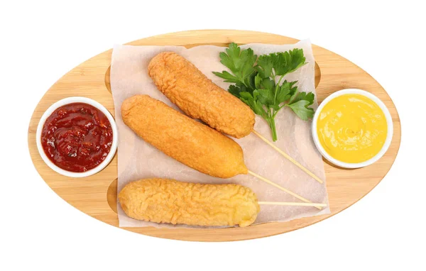 Delicious Deep Fried Corn Dogs Sauces Isolated White Top View — Stock Photo, Image