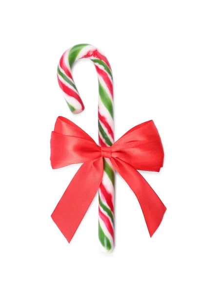 Sweet Christmas Snoep Stok Met Rode Strik Witte Achtergrond Bovenaanzicht — Stockfoto
