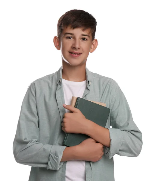 Adolescente Estudante Segurando Livros Sobre Fundo Branco — Fotografia de Stock