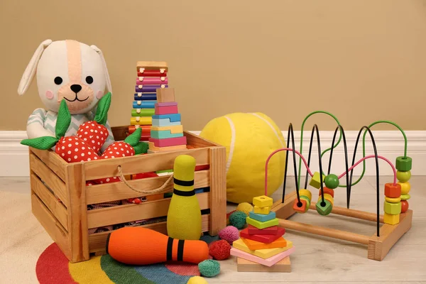 Set Different Cute Toys Floor Beige Wall — Stock Photo, Image