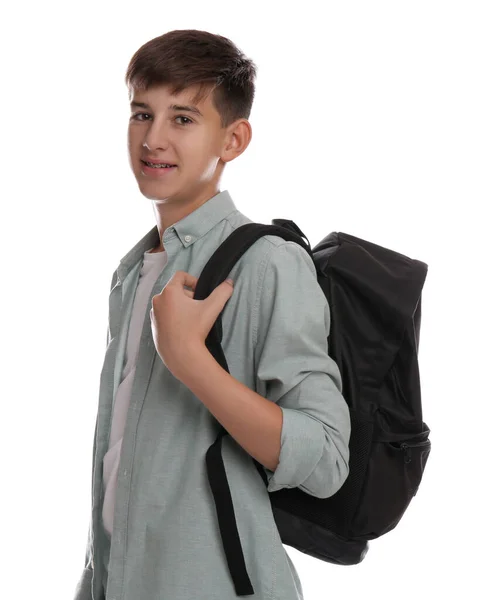 Teenager Student Mit Rucksack Auf Weißem Hintergrund — Stockfoto