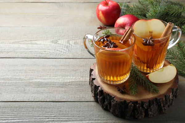 Sidra Caliente Ingredientes Ramas Abeto Sobre Mesa Madera Espacio Para — Foto de Stock