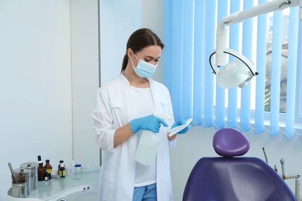 Professional Dentist White Coat Medical Mask Cleaning Workplace Antiseptic Indoors — Stock Photo, Image