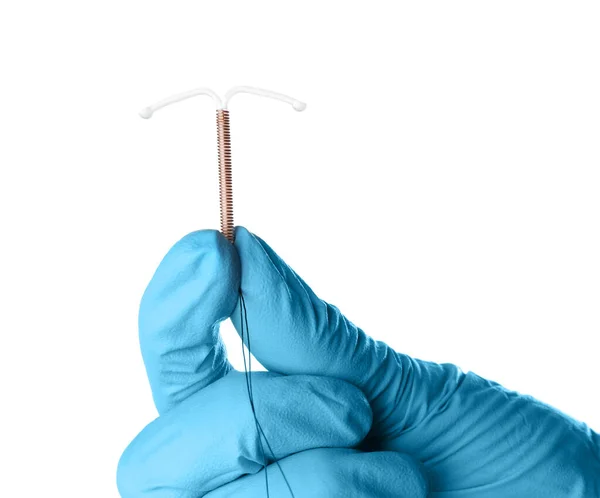 Гінеколог Тримає Мідний Внутрішньоматковий Контрацептивний Пристрій Білому Тлі Крупним Планом — стокове фото