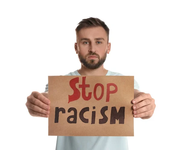 Молодий Чоловік Тримає Вислів Припиніть Расизм Білому Тлі — стокове фото