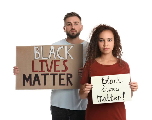 Young Man African American Woman Holding Signs Phrase Black Lives — Stock Photo, Image