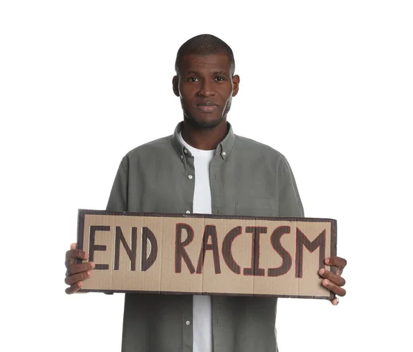 Afroamerikaner Mit Schild Mit Der Aufschrift End Racism Auf Weißem — Stockfoto