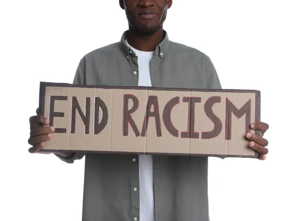 African American Man Holding Sign Phrase End Racism White Background — Stock Photo, Image