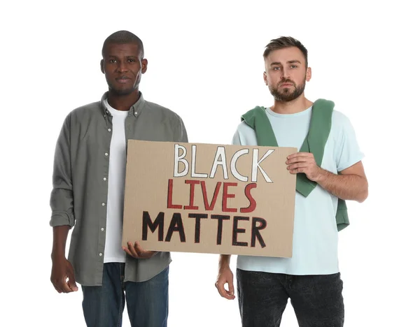 Hombres Sosteniendo Letrero Con Frase Black Lives Matter Sobre Fondo —  Fotos de Stock