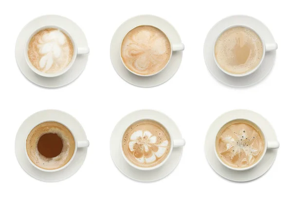 Beyaz Arka Planda Lezzetli Aromalı Kahve Fincanları Üst Manzara — Stok fotoğraf