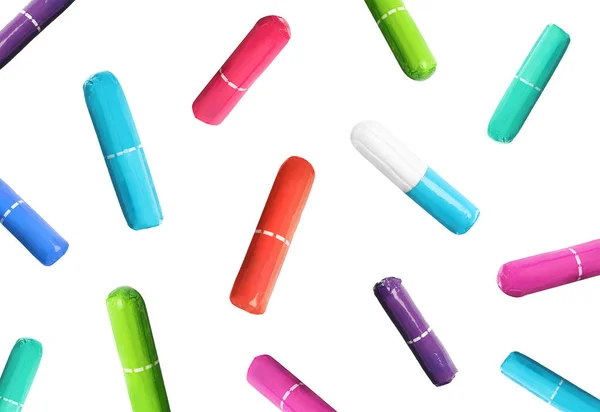 Many Tampons Colorful Packages Falling White Background — Stock Photo, Image