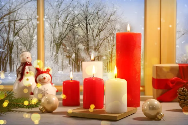 Burning Candles Festive Decor Window Sill Indoors Christmas Eve — Stock Photo, Image