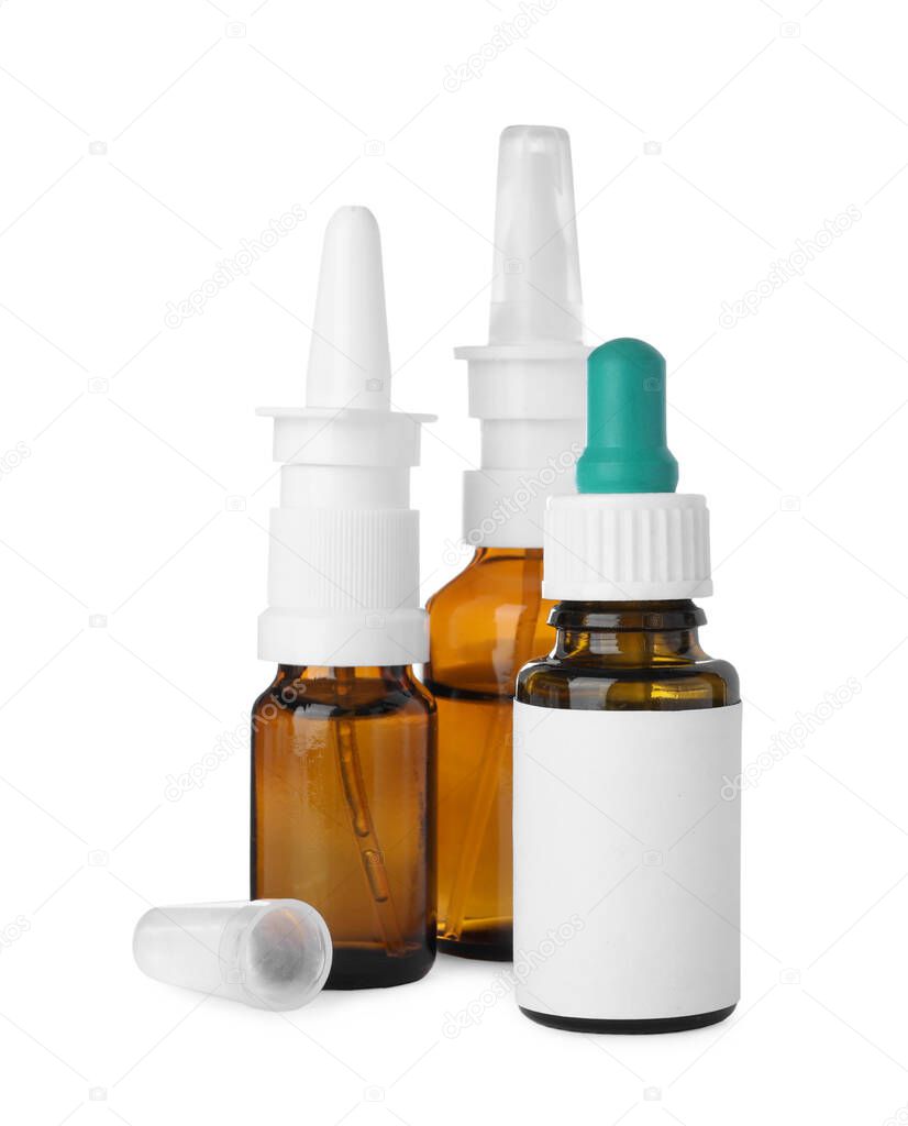 Many different nasal sprays on white background