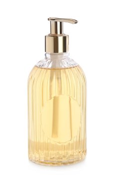 Beyaz üzerine sıvı sabun izole edilmiş şık bir şeker kutusu.